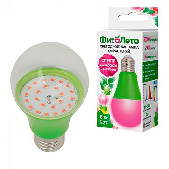 Лампа светодиодная для рассады ФИТОЛЕТО, A60, E27, 8 Вт, 11мкм/с, 60 х 110 мм