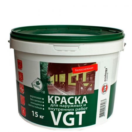 Краска VGT ВД-АК-1180, для наружных и внутренних работ, моющаяся , белоснежная, 15 кг